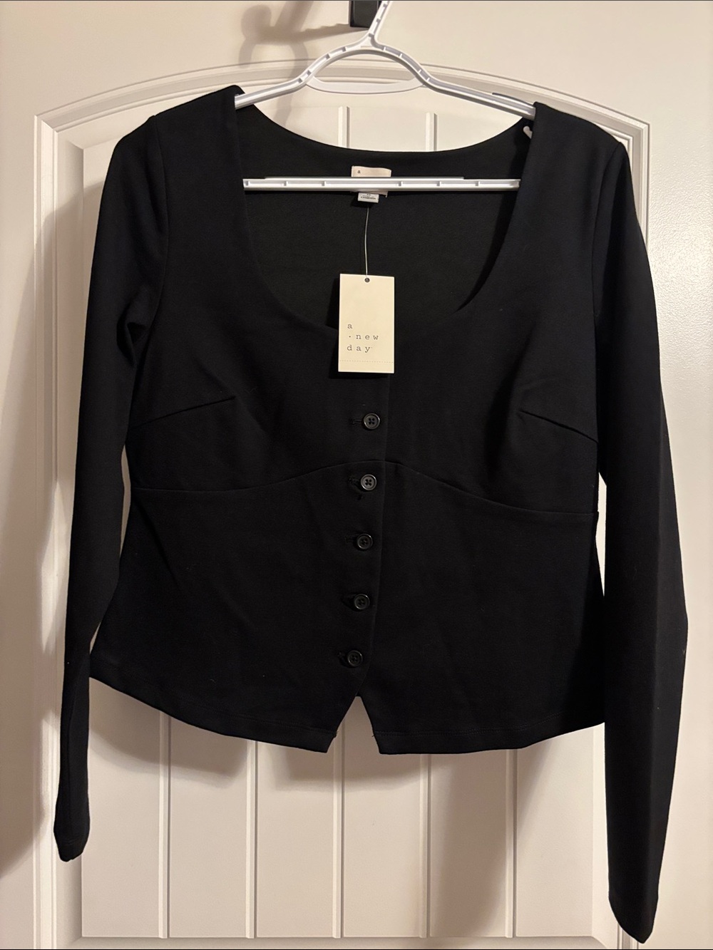 a new day Black Long-Sleeve Button-Front Scoop Neck Top